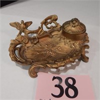 CAST METAL GOLD TONE FOOTED  6 IN INKWELL # 182