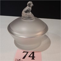 FROSTED GLASS COVERED DISH WITH DOG FINIAL 6 IN