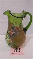 HAND BLOWN HAND PAINTED GREEN GLASS PITCHER 9 IN