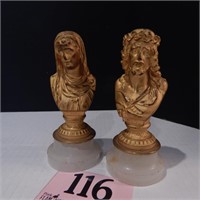JESUS AND MARY BRONZE BUSTS ON MARBLE BASE 6 IN