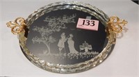 ETCHED GLASS MIRRORED TRAY WITH BRASS HANDLES 17