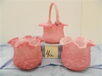 2 Fenton Pink Satin Vases & Basket