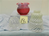 2 White Opalescent & 1 Cranberry Opalescent Lamp -