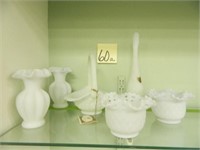 6 Fenton White Satin Glass Pieces - Incl. Basket,