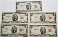 5 Red Seal $2.00 Bills