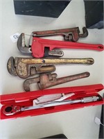 Torque Wrench & 4 Pipe Wrenches