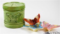 Green Ceramic Jar w/ Lid & (3) Butterfly Candles