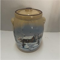 CROCK WITH WINTER SCENE PAINTED ON IT