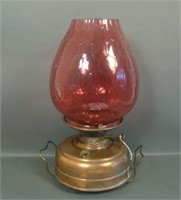 Lg Brass Ship Lamp W/ Cranberry Shade