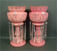 Pai of Pink Bohemian Enameld Lustre Lamps W/Prisms