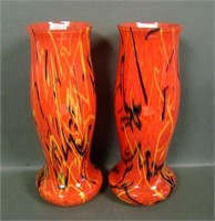 Pair of Czech Glass Red/Black/Yellow Spatter Vases