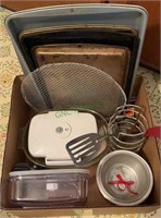 Box lot - kitchen utensils, trays, spatulas,