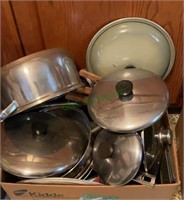 Box lot knives, pots and pans, kitchen utensils