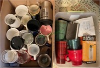 Two box lot - glasses, tea cups, silver tone flask