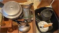 Two box lot - tea kettles, shifters, strainers,