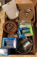 Two box lot - kitchen utensils, pans, scissors,