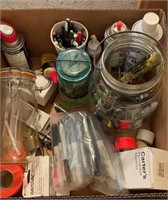 Box lot - glass jar with tools, markers, pens,