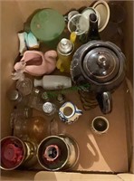 Box lot - salt and peppers, candle sticks, teapot,