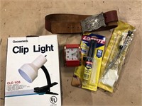 Lot of miscellaneous items- clip light and belt be