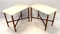 Pair Bamboo Design White Top Wood Tables