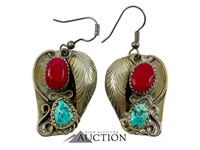 Turquoise & Red Corral Dangle Earrings