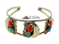 Turquoise & Red Corral Silver Plated Cuff Bracelet
