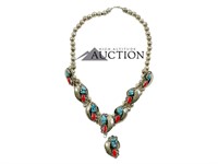 Turquoise & Red Corral Squash Blossom Necklace