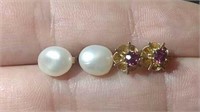 Pearl 14K Gold Earrings & Ruby 14K Gold Earrings