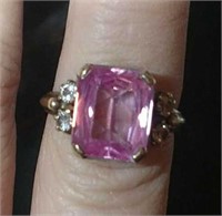 14K Gold Pink Stone & Diamond Ring
