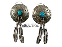 Feather Sterling Silver Turquoise Dangle Earrings