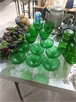 12 Anchor Hocking Green Bubble Sherbets & Glasses
