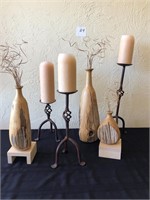 3 Wood Turned Vases, 3 Wrought Iron Candle Sticks