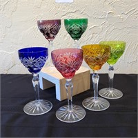 6 Bohemian Colored Crystal Cordial Stemmed Glasses
