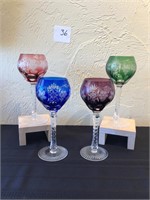 4 Bohemian Colored Crystal Wine Glasses