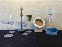 Crystal Decanter, Wine Glasses, Pewter Dish ++