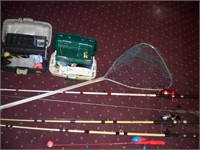 Fishing equipment - 5 poles & 2 tackle boxes & net