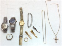 10KT GOLD CHAIN w ARMITRON, TIMEX WATCHES, CLIPS