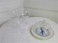 Set of 3 Wine Glasses & Covered Cheese Plate