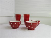 Red & White Bowls & 2 Melamine Glasses