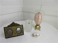 Faberge Style Egg, Crystal Vase, Trinket Box &