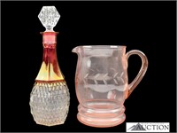 Pink Depression Glass Pitcher, Ruby Glass Decanter