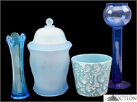 Satin Glass Jar w/ Lid, Cobalt Blue Flower