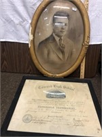 Antique Oval Framed Picture & 1924 Diploma