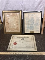 (3) Framed Vintage Items (certificates, etc...)