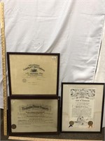 3 Framed Vintage Items incl Diploma, etc...