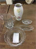 Heisey glass bowl, pitcher, other glassware and