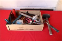 BOX OF MISC. HAND TOOLS, STAPLE GUN, ETC.