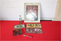 BASEBALL PICTURE, LIC. PLATES, ASHTRAY, ETC.