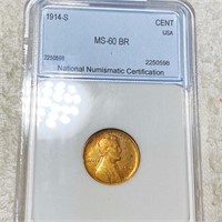 1914-S Lincoln Wheat Penny NNC - MS 60 BR
