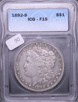 1892 S ICG F 15 MORGAN DOLLAR